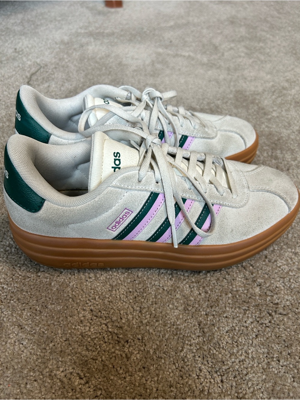 adidas Women's White Suede Platform Sneakers with Green and Pink Stripes